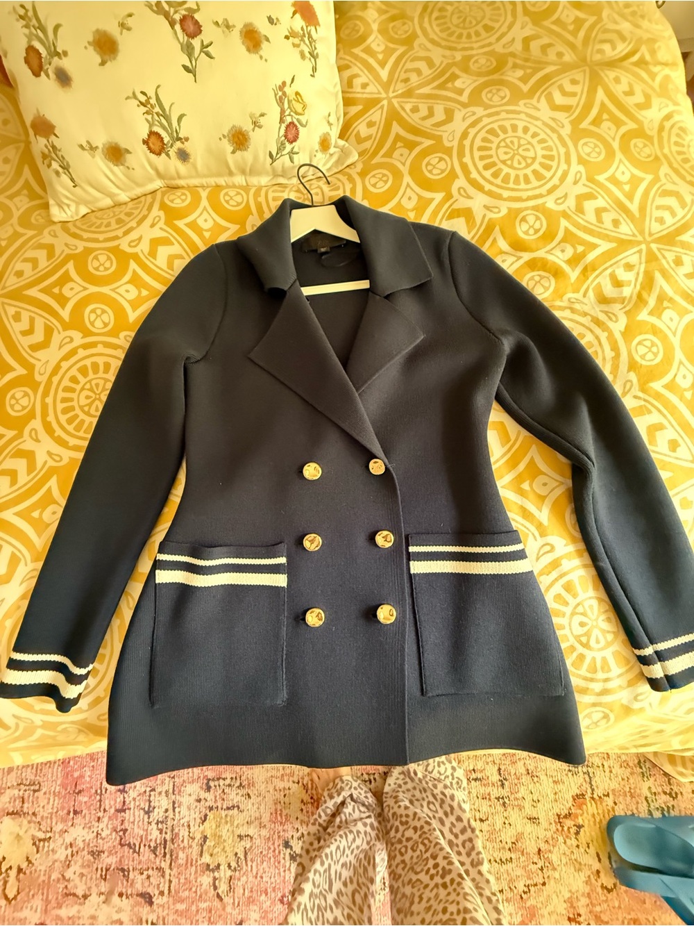 Zara Navy Double-Breasted Blazer with Gold Buttons and Stripe Trim